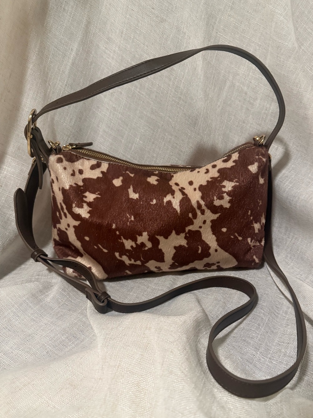 Brown and Cream Faux Cowhide Shoulder Bag - Women Bags - Used Once